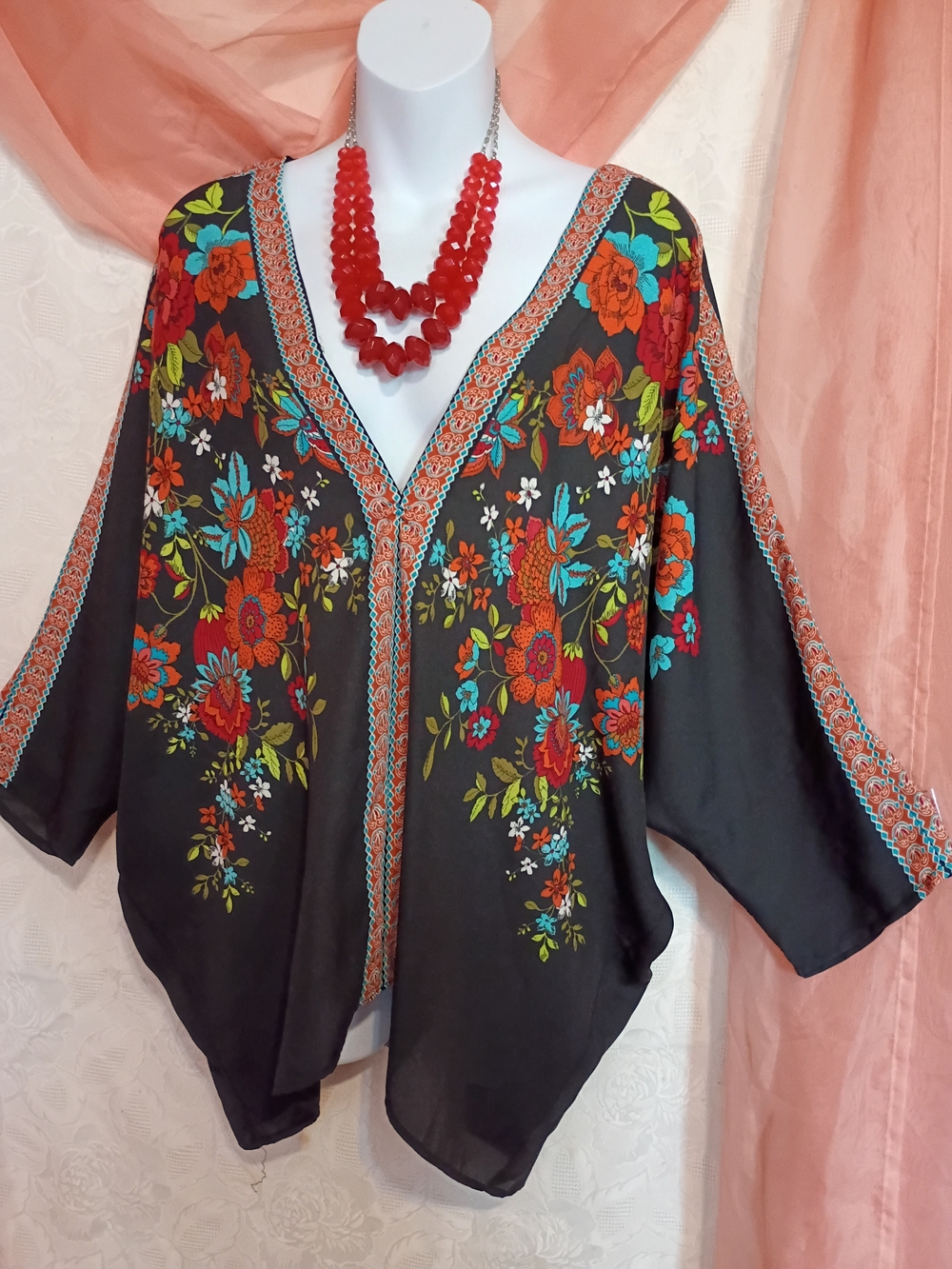 Rose & Olive Ladies Blk Floral  Kimono Tunic w/ Red & Teal Accents Sz Lg